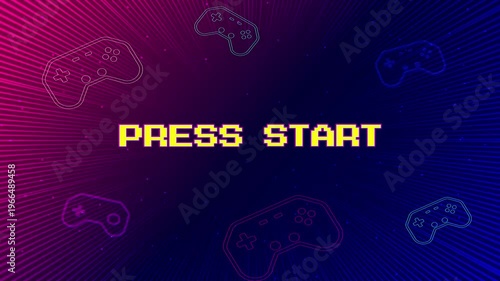 PRESS START. insert coin to continue. pixel art 8 bit. Retro Futurism Sci-Fi Background. glowing neon grid. and stars from vintage arcade computer games