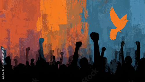 Protest, crowd, raised fists, dove, activism, social movement, vector illustration