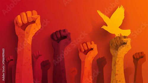 Protest, activism, unity, and freedom vector icons, raised fists, dove symbol