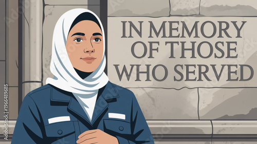 Woman in headscarf standing before memorial wall with 'in memory of those who served' inscription expressing respect and gratitude