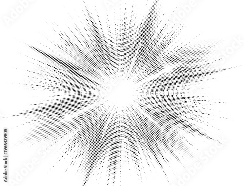 Intense explosive starburst halftone design concept with dots texture for high-velocity motion and radiation visuals.