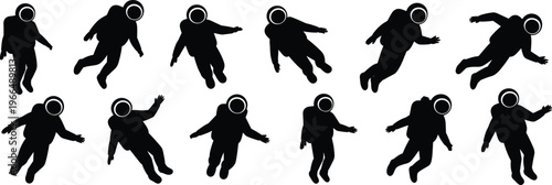 Astronaut silhouette set, floating space poses, black vector icons, zero gravity movement, helmeted spacemen clipart, isolated design for science, education, animation