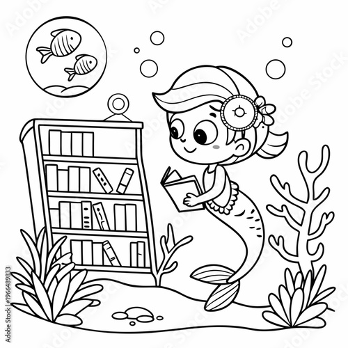 Mermaid Librarian in Underwater Library coloring page