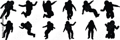 Astronaut silhouette vector set, space exploration figures, floating spacemen in suits, cosmic adventure illustrations, zero gravity astronauts, futuristic space travel icons