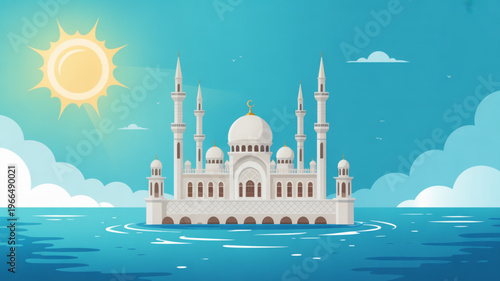 Serene white mosque floating on calm blue water under sunny sky with fluffy clouds