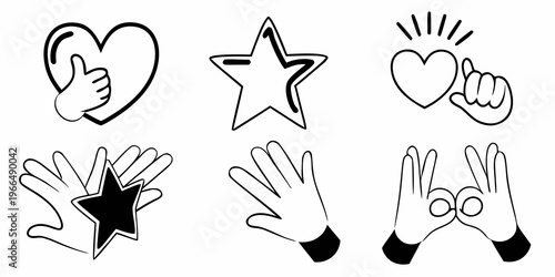 Black and white doodle set featuring hands hearts and stars