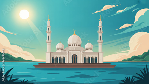 Serene mosque on water with domes and minarets under sunny blue sky