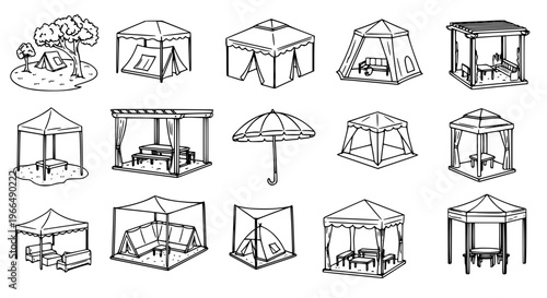 Detailed canopy outline icon set with outdoor tents, gazebos, pergolas, and shade shelters