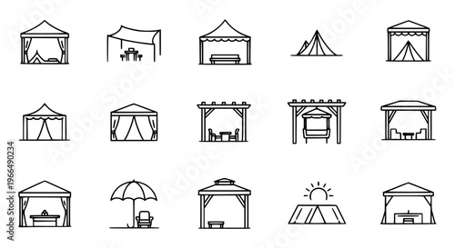 Minimal canopy outline icon set with tent, gazebo, pergola, and outdoor shade structures