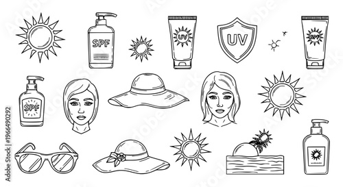 Detailed cosmetic sun outline icon set with sunscreen, SPF, and skincare protection illustrations