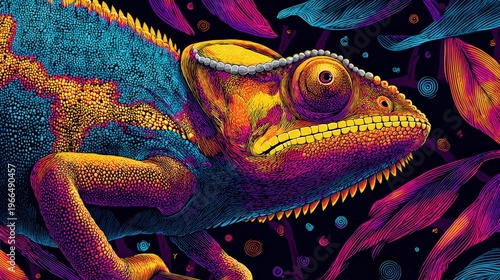 Colorful chameleon with vibrant neon textured artistic style