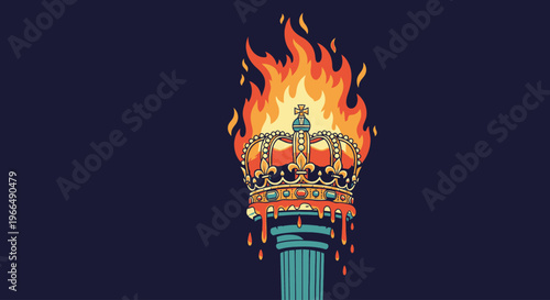 Torch with flame on crown top.