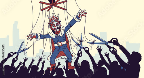King puppet with swords raised high.
