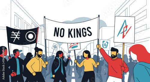 People protesting with raised signs banners.