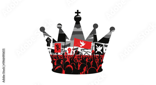 Crown with flags and chess pieces.