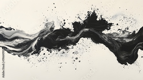 Abstract black and white fluid art with splashes and swirls