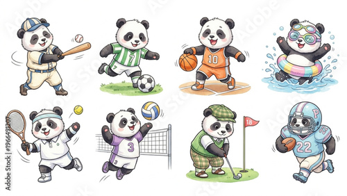  Set of funny cartoon cute Panda animals in playful sports vector style featuring smiling characters for kids toy illustration collection