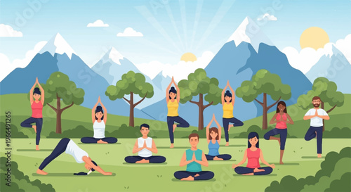 Group of diverse people practicing yoga outdoors in a serene natural setting with mountains