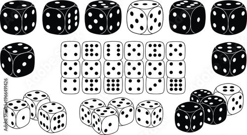 Black and white dice icon collection, gambling cubes, casino game symbols, vector design, isolated illustration for games and education