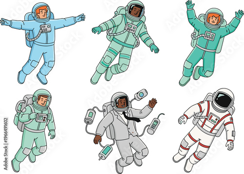 Astronaut Vector Set with Spacewalking Cosmonauts in Different Poses for Space Exploration, Science Education and Futuristic Illustration Design