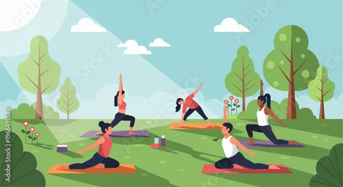 Group of people practicing yoga outdoors in a park on colorful mats with trees and sunny sky