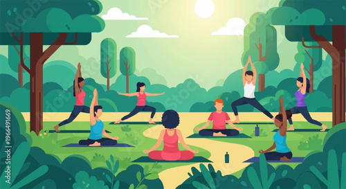 Group of people practicing yoga in a serene forest clearing at sunrise with lush greenery