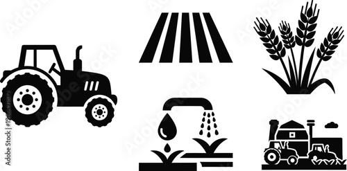Tractor field wheat and barn icons representing modern agriculture with food production with rural life