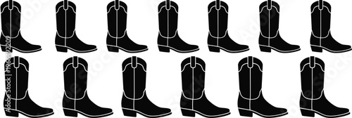 Black cowboy boots vector silhouettes, western leather footwear collection, classic cowboy boot icons, country style shoe design, vintage boot shapes, vector illustration set