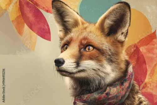 Fox illustration with geometric shapes and warm color palette