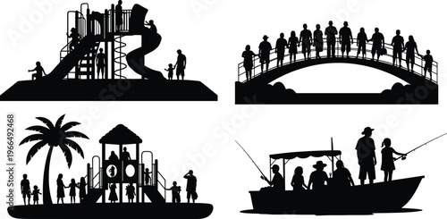 Silhouette vector set of people in outdoor activities like fishing, bridge walking, and playground fun, perfect for design, education, and kids’ projects.