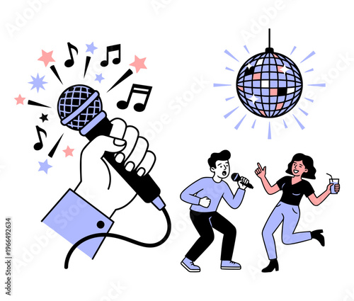 Karaoke party and singing entertainment concept with microphone, disco ball, music notes and dancing people Flat vector illustration