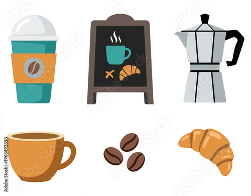 Coffee shop and cafe breakfast set with takeaway cup, espresso mug, moka pot, croissant and coffee beans Flat vector illustration