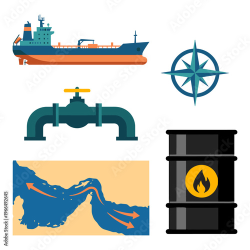 Oil industry and petroleum logistics set with tanker ship, pipeline valve, compass, barrel and transport route map Flat vector illustration