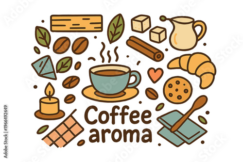 Coffee Aroma Doodle. Coffee aroma. Hand-drawn doodle illustration of coffee aroma. Cup, steam, beans, cinnamon