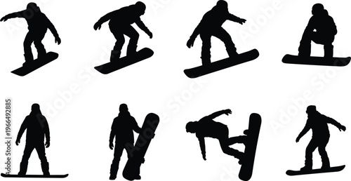 Collection of eight black silhouettes of snowboarders performing various tricks and poses on a white background Keywords: snowboarder, snowboarding, silhouette, winter sport, snow, extreme