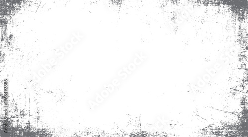Grey distressed grunge texture border with scattered dots and scratches on white background