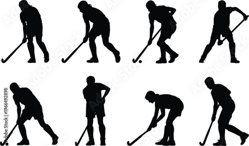 Collection of eight black silhouettes of field hockey players in various active poses on a white background