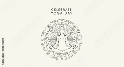 Yoga day celebration with a person meditating in a lotus position surrounded by a tree and geometric patterns on a beige background
