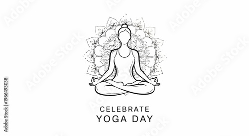 Person meditating in lotus position with celebrate yoga day text symbolizing mindfulness and wellness