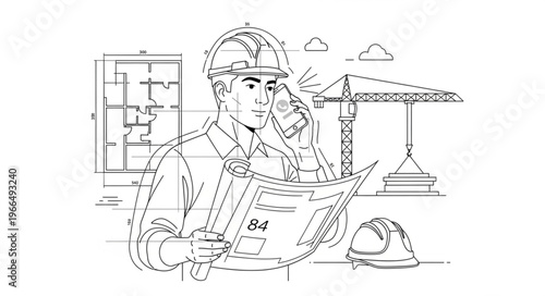 Architect reviewing blueprints on construction site with crane.