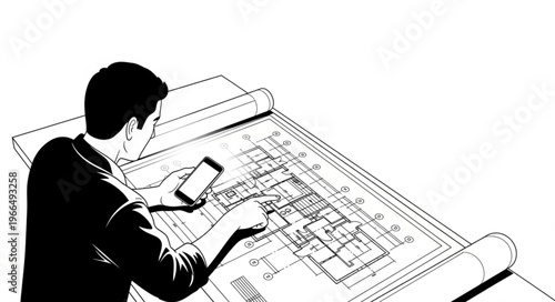Architect reviewing blueprints on a table with a smartphone.