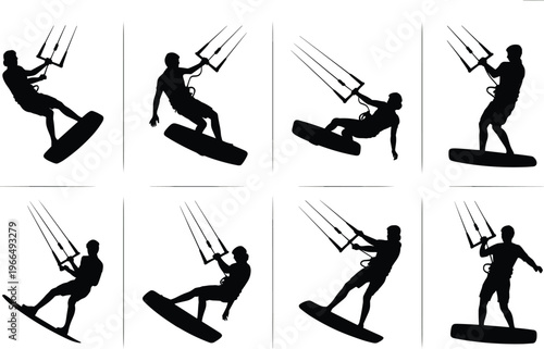 Eight Black Silhouettes of a Kitesurfer in Various Poses with Kite and Board on White Background kitesurfing
