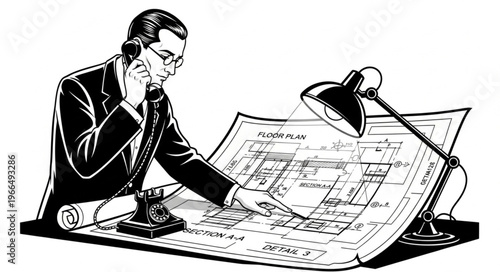Architect reviewing blueprints while talking on the phone, focused on the project.