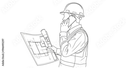 Architect reviewing blueprints on construction site.