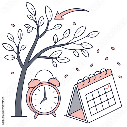 Daylight Saving Time Begins 2026 concept banner. Vector illustration of clock and info with calendar date of changing time in April 05. Spring Forward Time illustration banner. Change clocks ahead