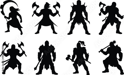 Eight black silhouettes of fantasy warriors with weapons on a white background soldier fighter