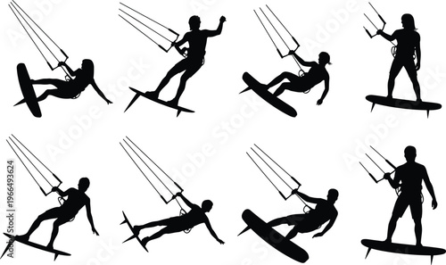 Eight Black Silhouettes of Kiteboarders in Various Poses on White Background kiteboarding kitesurfing