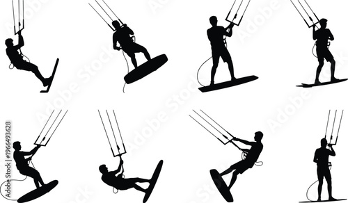 Eight Black Silhouettes of Kiteboarders in Various Poses on White Background kiteboarding kitesurfing