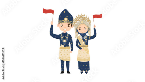 Cute couple wearing traditional Malay Indonesian wedding dress with flags