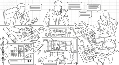 Architects discussing blueprints and project plans at a conference table.